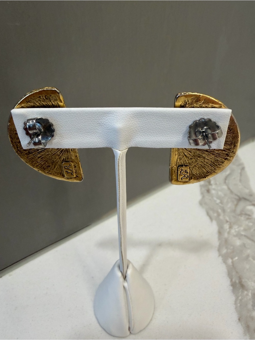 Vintage Artisan Half Moon Multi- Stone Earrings - signed - Picture 3 of 4